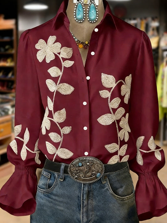 Women's Retro Plants Flowers Art Print Long Sleeve Top