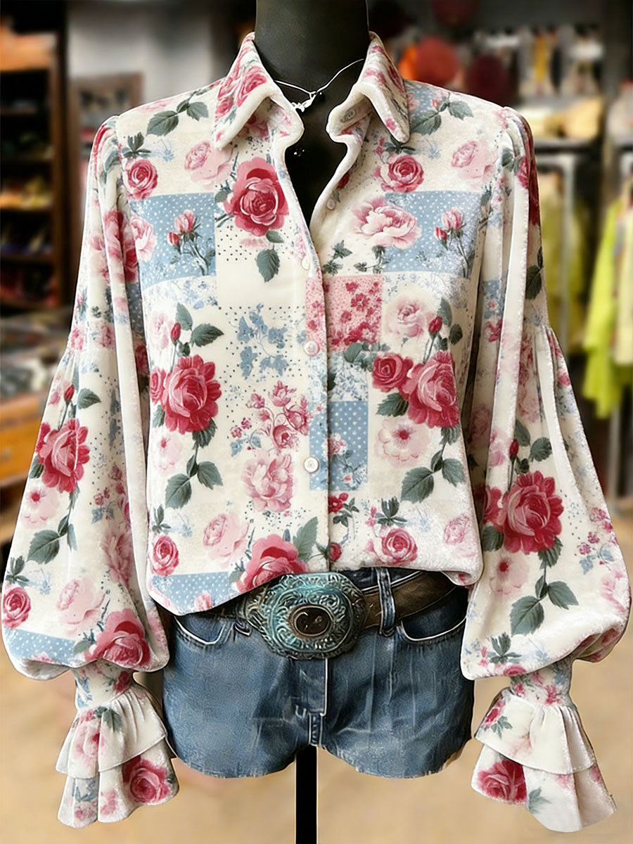 Women's Retro Plants Flowers Art Print Long Sleeve Top