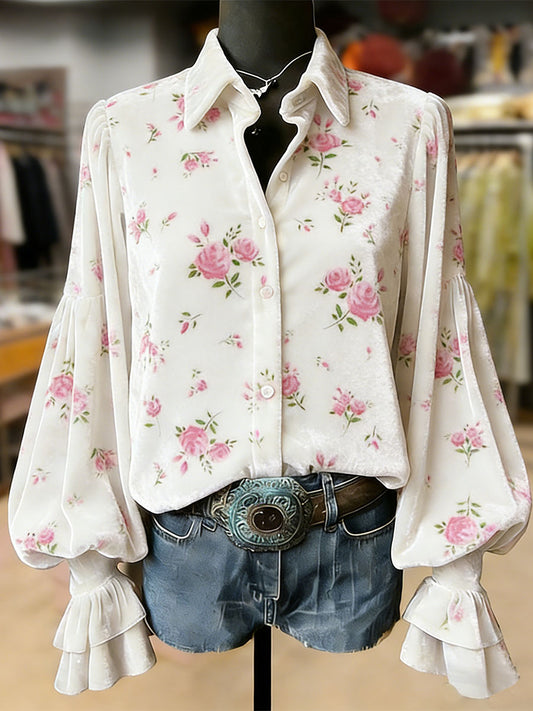 Women's Retro Plants Flowers Art Print Long Sleeve Top