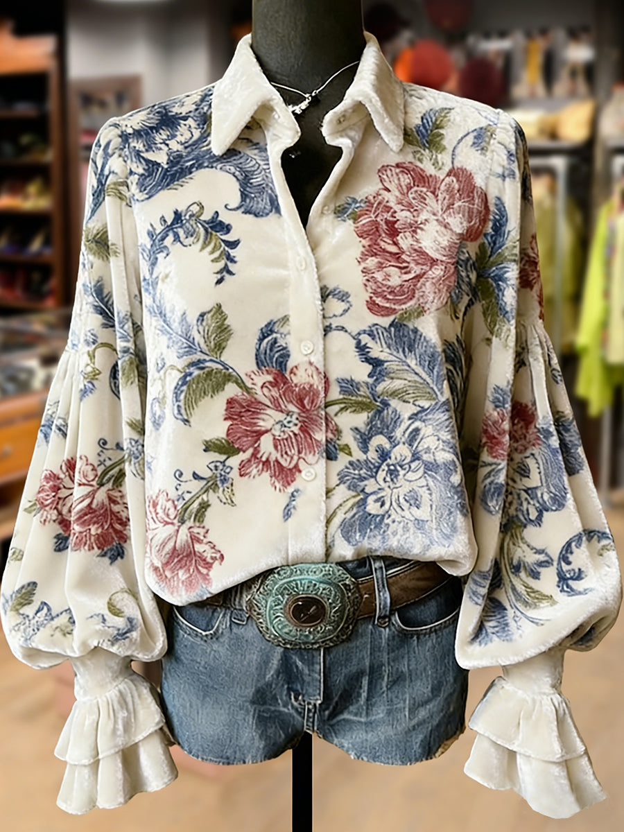 Women's Retro Plants Flowers Art Print Long Sleeve Top