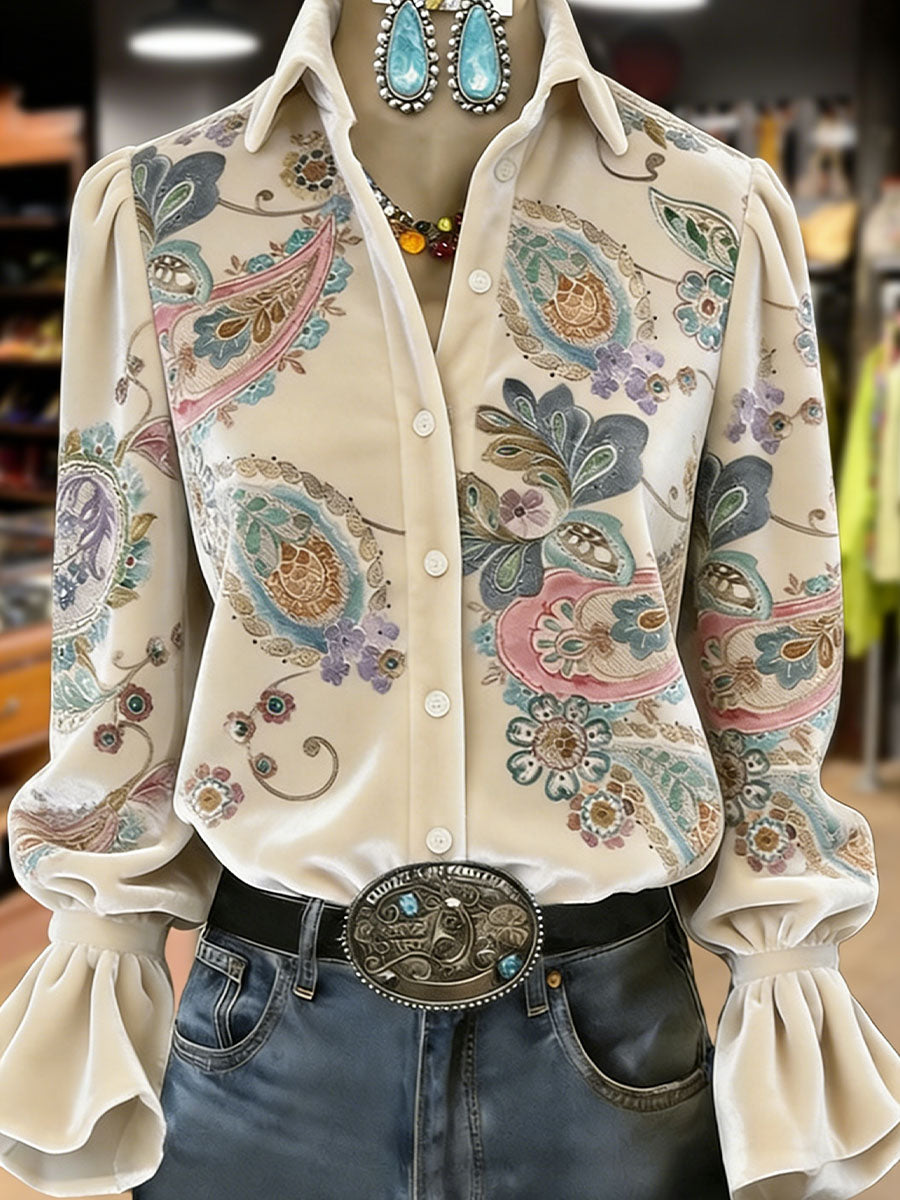 Women's Retro Plants Flowers Art Print Long Sleeve Top