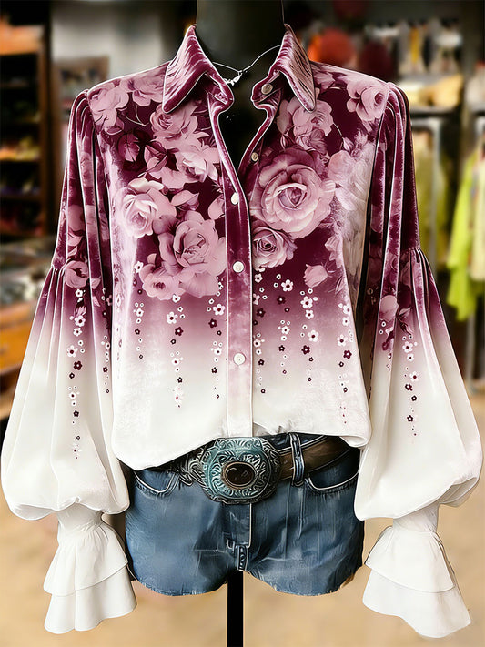 Women's Retro Plants Flowers Art Print Long Sleeve Top