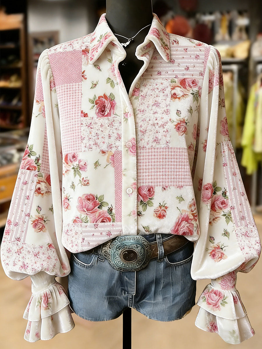 Women's Retro Plants Flowers Art Print Long Sleeve Top