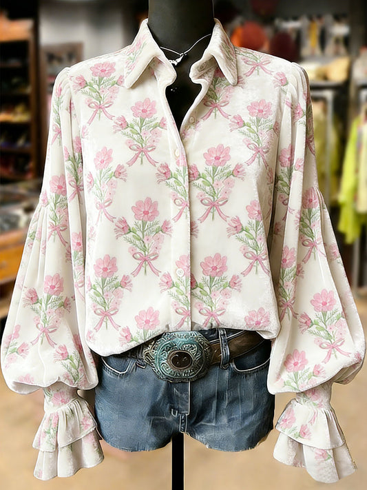 Women's Retro Plants Flowers Art Print Long Sleeve Top