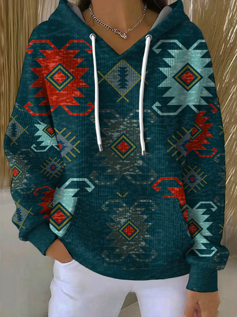 Women's Vintage Western Aztec Ribbed Hoodie