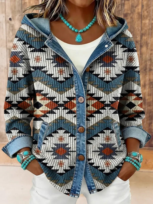 Women's Vintage Western Aztec Print Hooded Patchwork Jacket