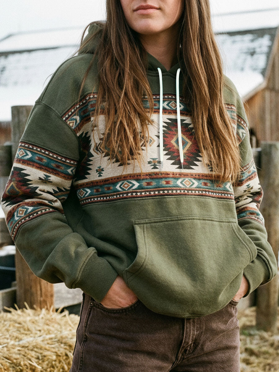 Women's Vintage Western Aztec Pattern Pocket Hoodie