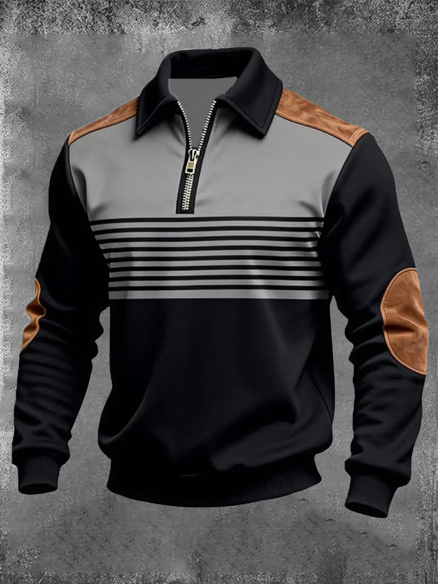 Men's Retro Color Block Print Zip-Up Sweatshirt