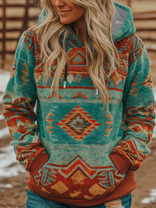 Women's Vintage Western Ethnic Aztec Pattern Casual Hoodie