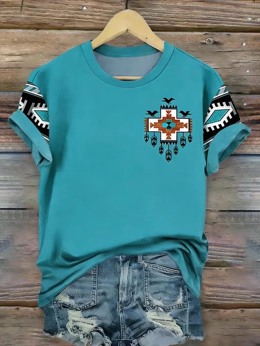 Women's Vintage Western Aztec Print Casual Short Sleeve T-shirt