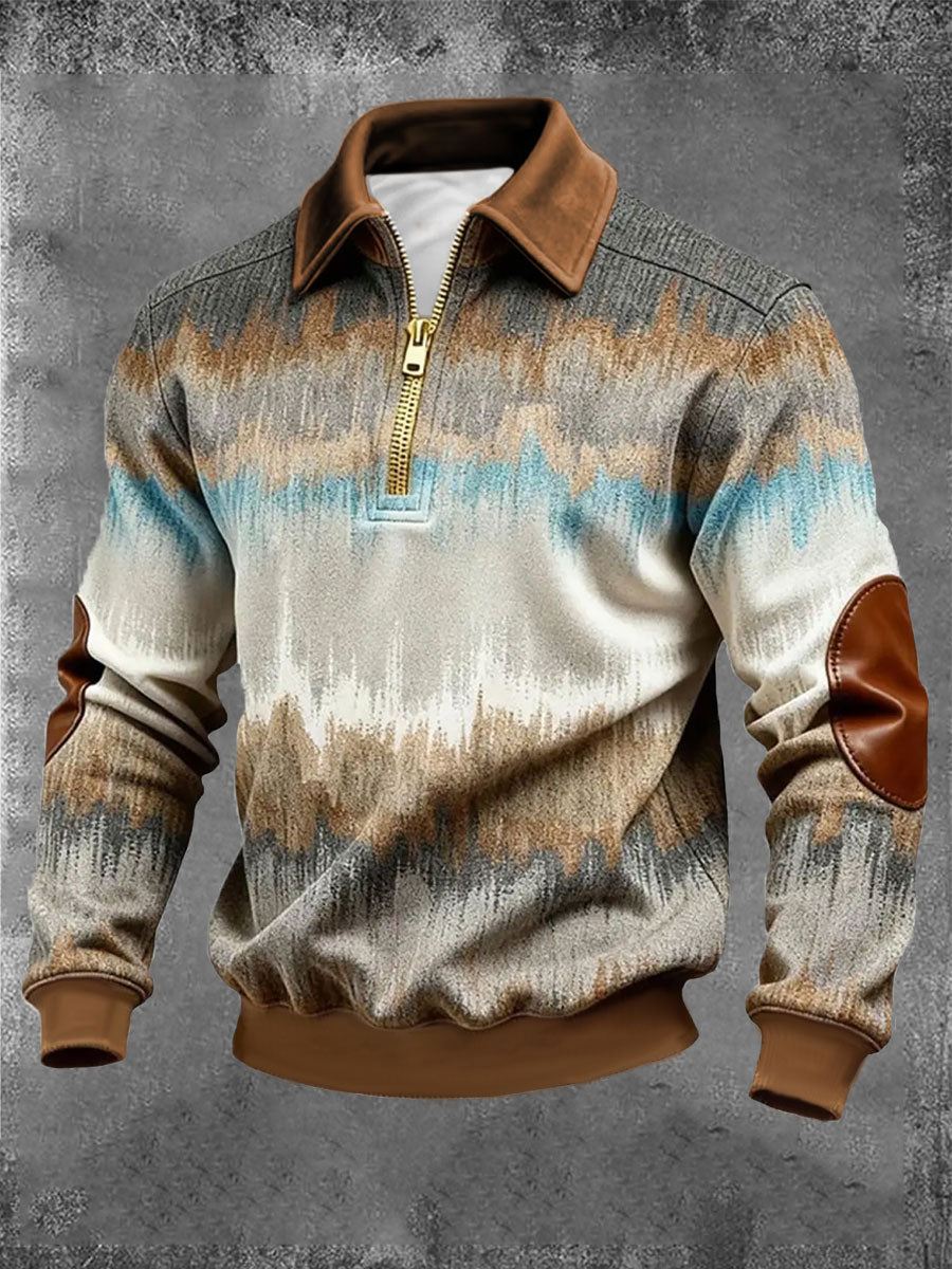 Men's Retro Color Block Print Zip-Up Sweatshirt