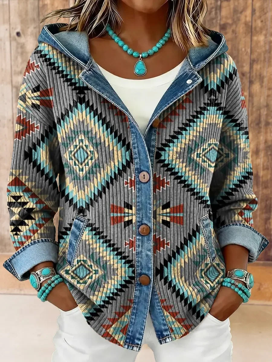 Women's Vintage Western Aztec Print Hooded Patchwork Jacket