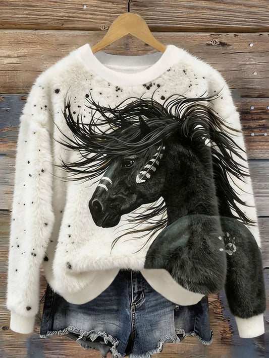 Women's Vintage Western Ethnic Horses Cozy Flannel Sweatshirt