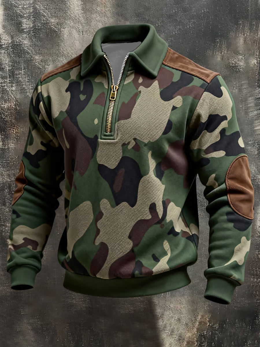 Men's Retro Color Block Print Zip-Up Sweatshirt