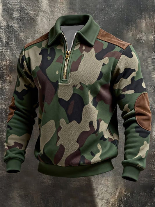 Men's Retro Color Block Print Zip-Up Sweatshirt