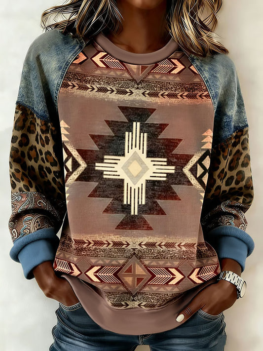 Women's Vintage Western Aztec Pattern Raglan Sleeve Sweatshirt