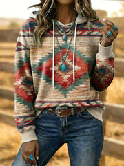 Women's Vintage Western Aztec Art Drawstring Hoodie