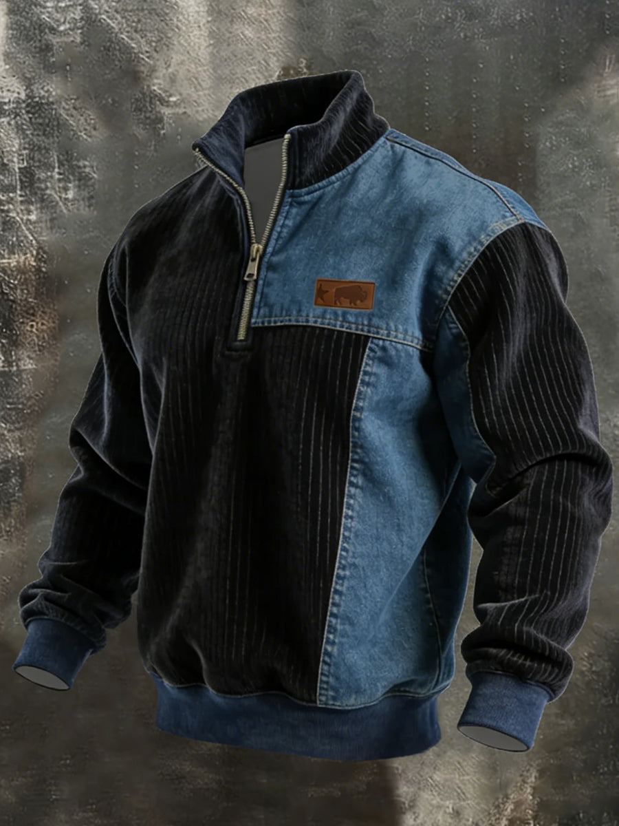 Men's Vintage Patchwork Quarter Zip Sweatshirt
