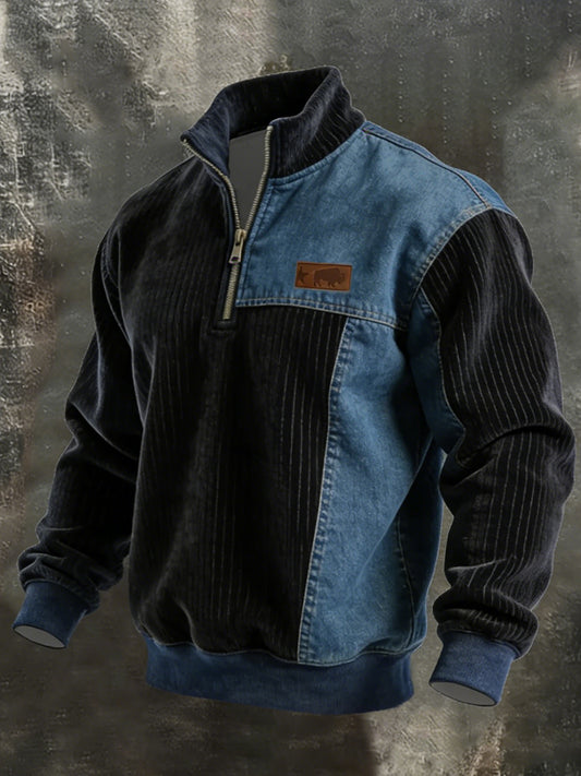 Men's Vintage Patchwork Quarter Zip Sweatshirt