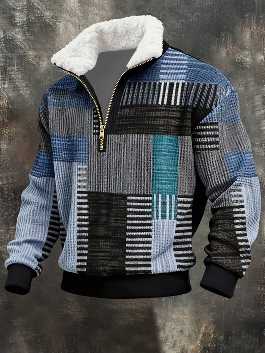 Men's Retro Color Block Print Fur Collar Sweatshirt