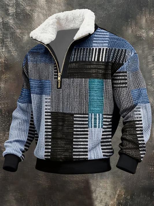 Men's Retro Color Block Print Fur Collar Sweatshirt