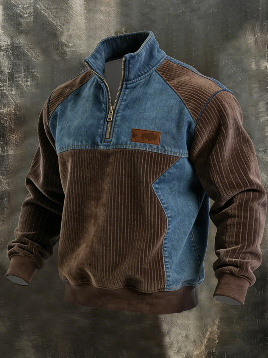 Men's Vintage Patchwork Quarter Zip Sweatshirt