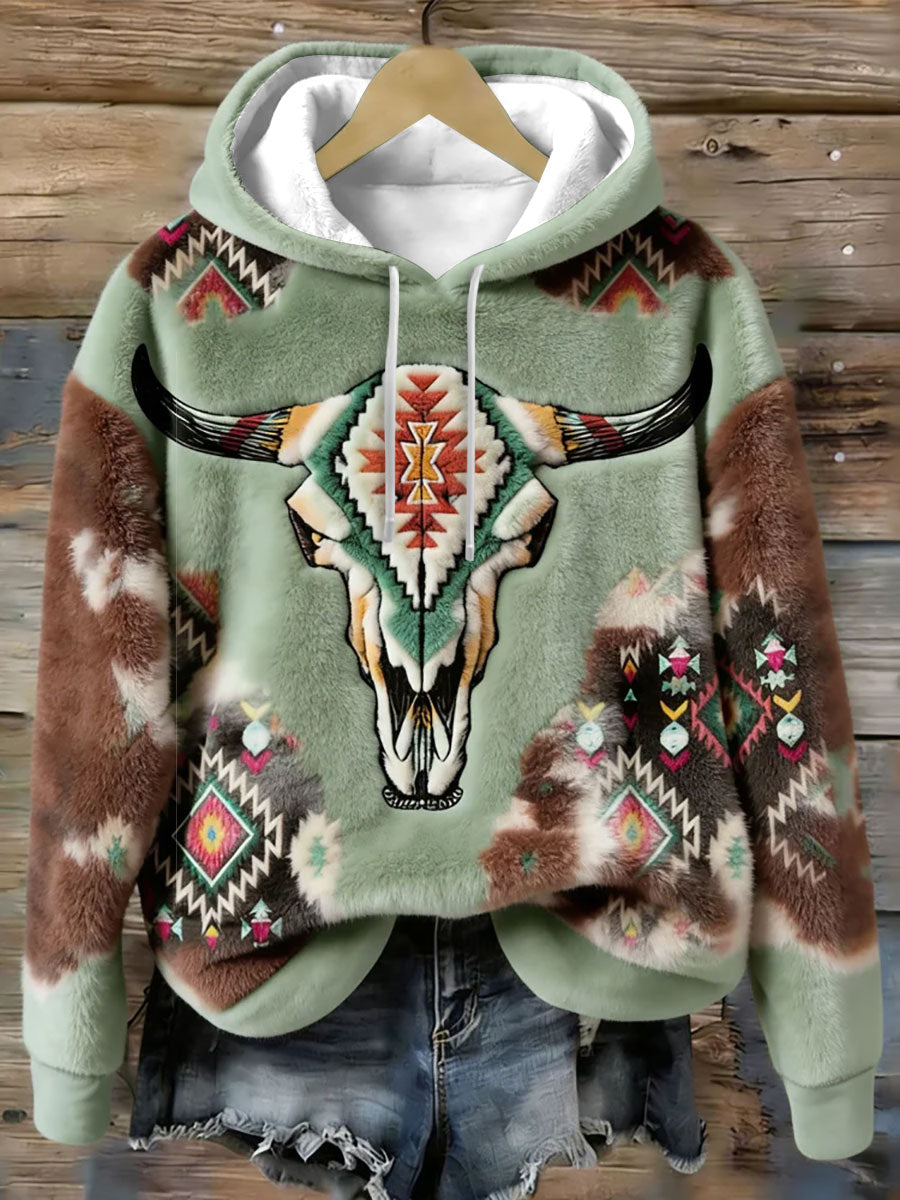 Women's Vintage Western Bull Skull Ethnic Cozy  Flannel Hoodie