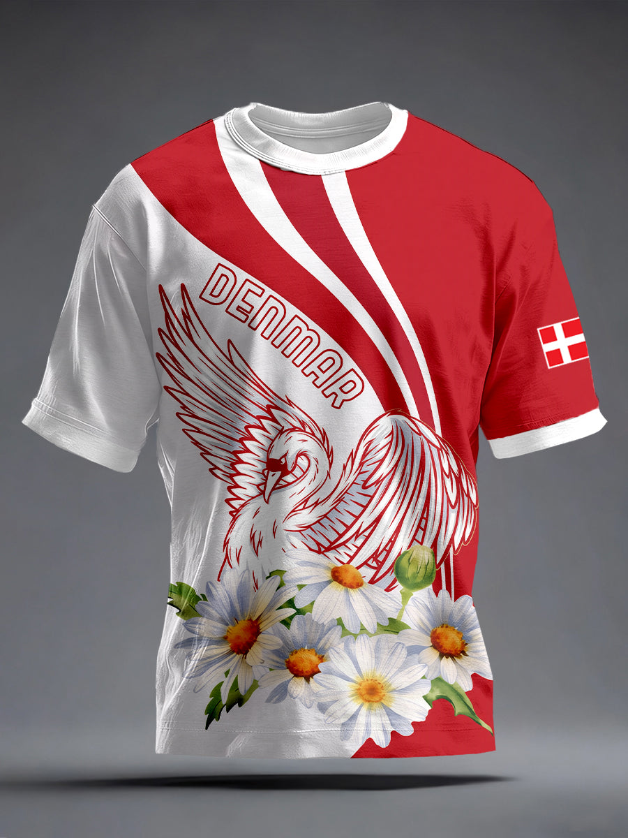 Men's Denmark Inspired Swan And Marguerite Daisy Print T-Shirt