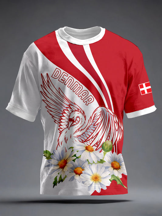 Men's Denmark Inspired Swan And Marguerite Daisy Print T-Shirt