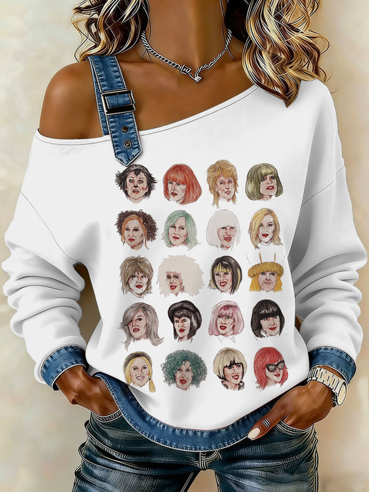 Women's RIP Queen Of Comedy Print Casual Off-Shoulder Sweatshirt