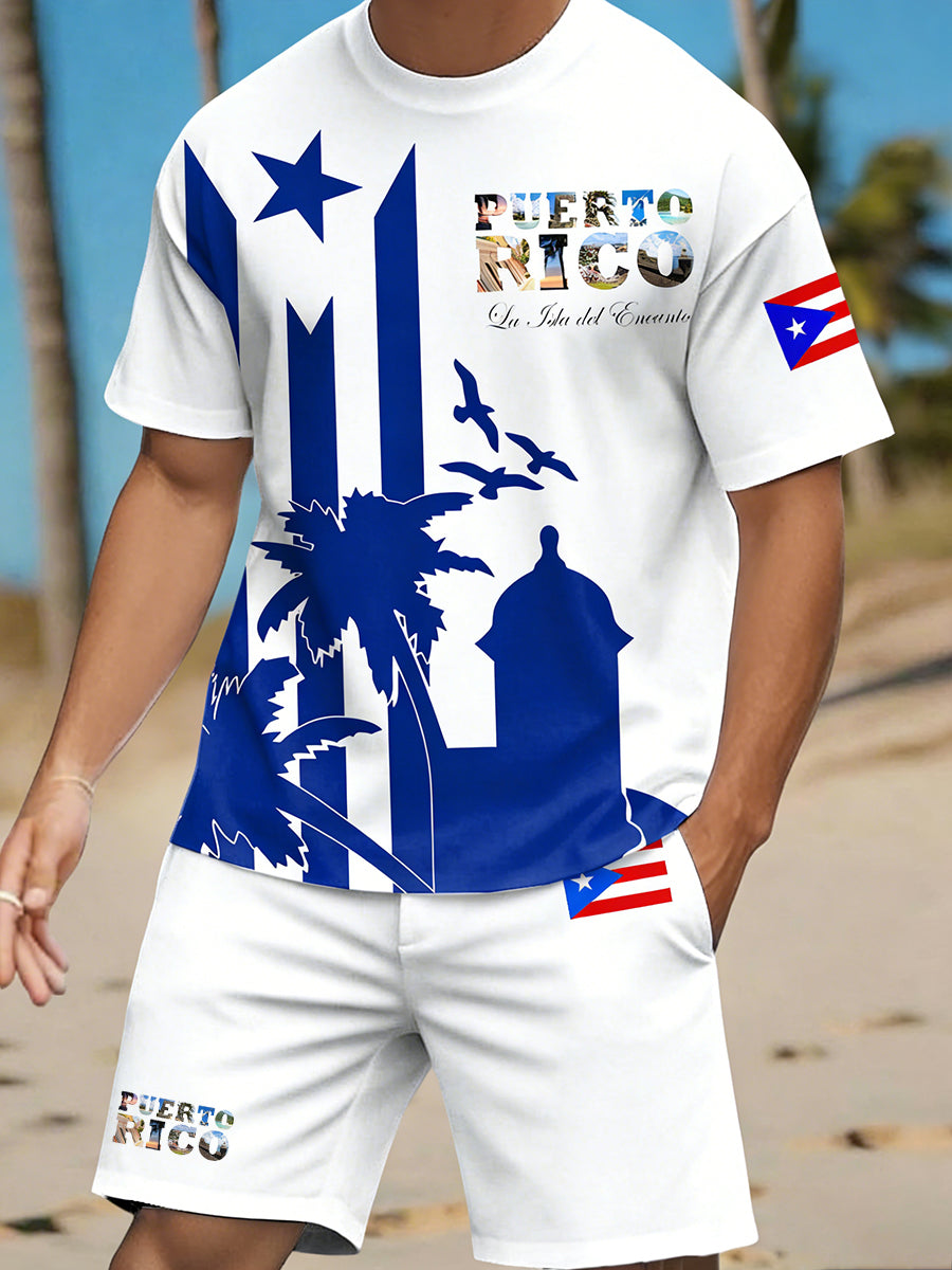 Men's Puerto Rico Print Vacation T-shirt And Shorts Set