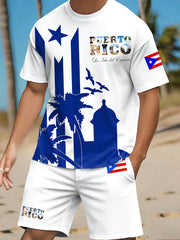 Men's Puerto Rico Print Vacation T-shirt And Shorts Set