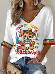 Women's Funny Cinco De Fiesta Bitchachos Dog Print Casual Waffle T-shirt