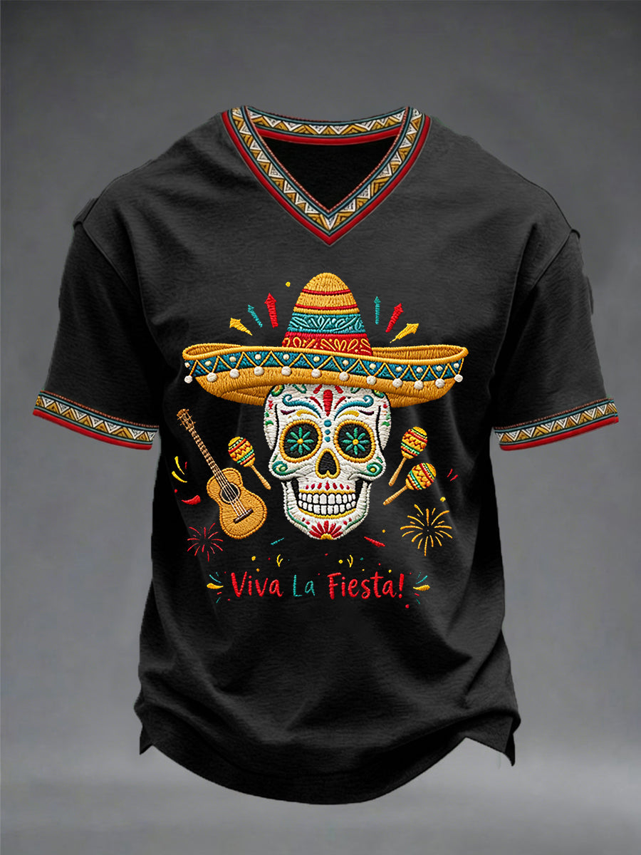 Men's Viva La Fiesta! Skeleton Print Casual V-Neck Tee