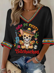 Women's Funny Cinco De Fiesta Bitchachos Dog Print Casual Waffle T-shirt
