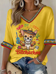 Women's Funny Cinco De Fiesta Bitchachos Dog Print Casual Waffle T-shirt