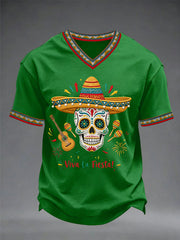 Men's Viva La Fiesta! Skeleton Print Casual V-Neck Tee