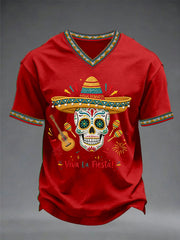 Men's Viva La Fiesta! Skeleton Print Casual V-Neck Tee