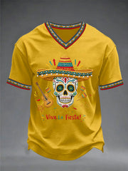 Men's Viva La Fiesta! Skeleton Print Casual V-Neck Tee