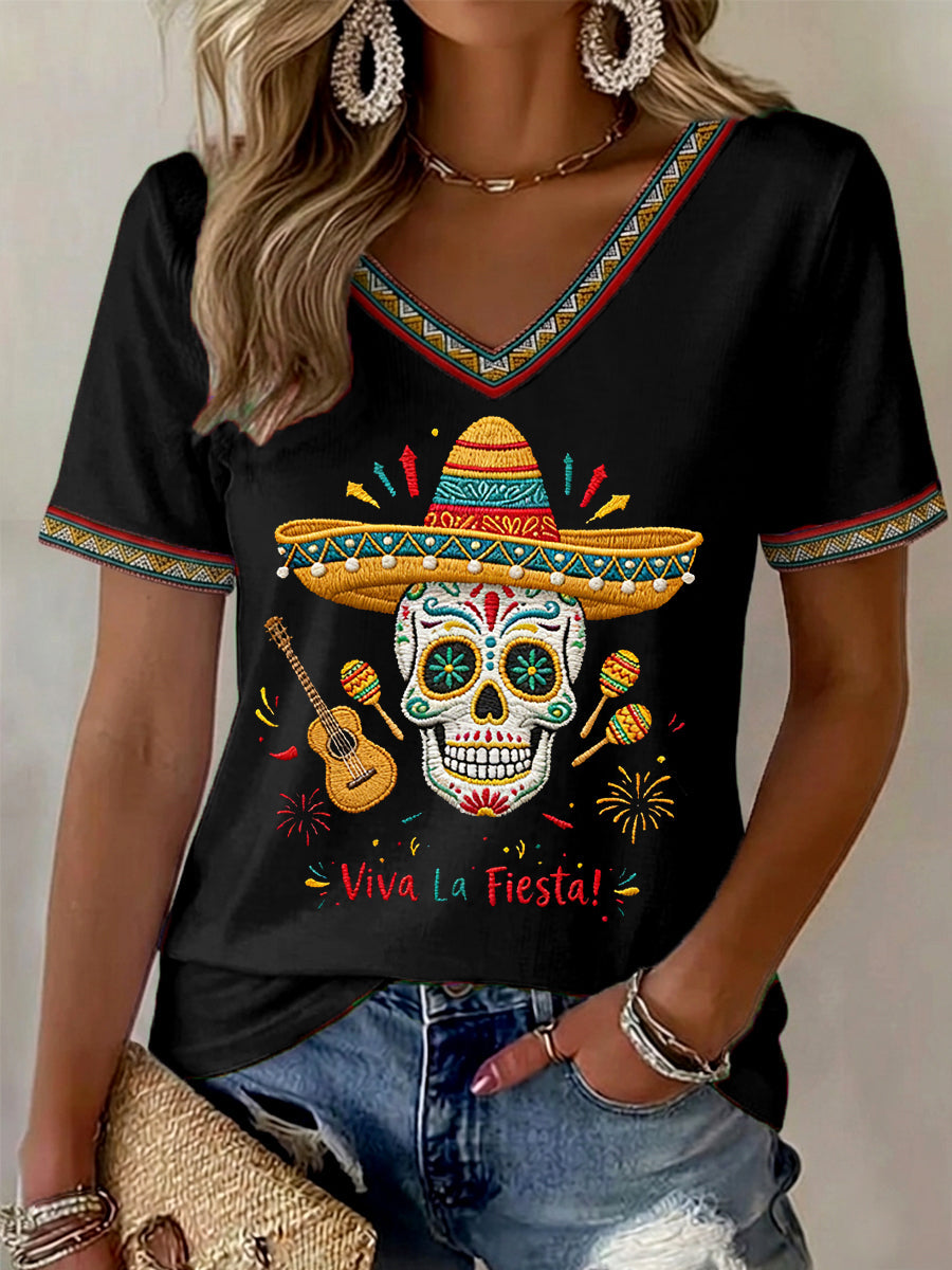Women's Viva La Fiesta! Skeleton Print Casual V-Neck Tee