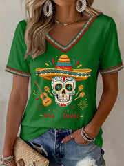 Women's Viva La Fiesta! Skeleton Print Casual V-Neck Tee