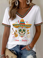 Women's Viva La Fiesta! Skeleton Print Casual V-Neck Tee