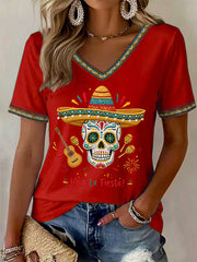 Women's Viva La Fiesta! Skeleton Print Casual V-Neck Tee
