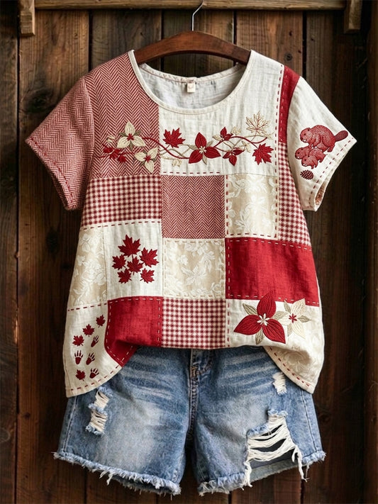 Women's  Maple Leaf Checkered Print Casual Tee