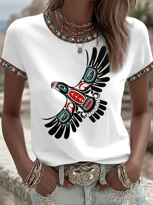 Women's Indigenous-Style Casual T-Shirt with Embroidery and Print