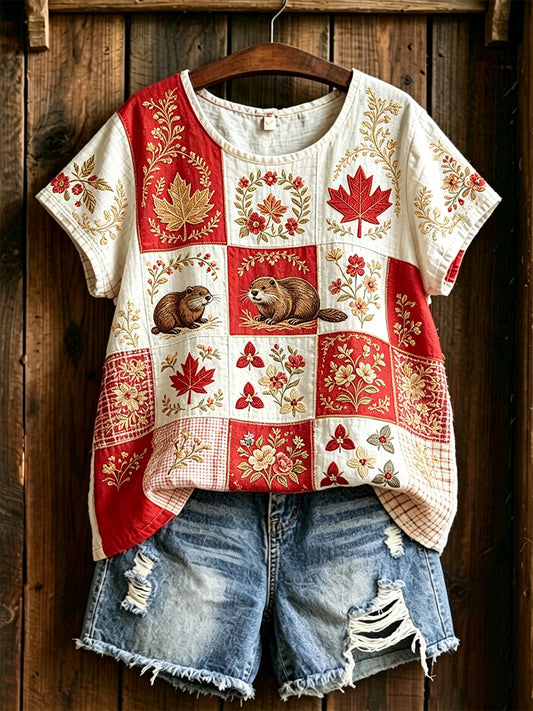 Women's  Maple Leaf Checkered Print Casual Tee