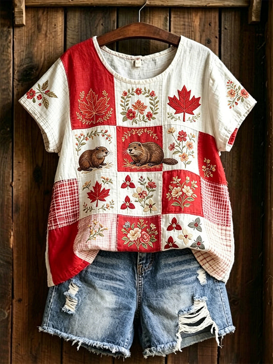 Women's  Maple Leaf Checkered Print Casual Tee