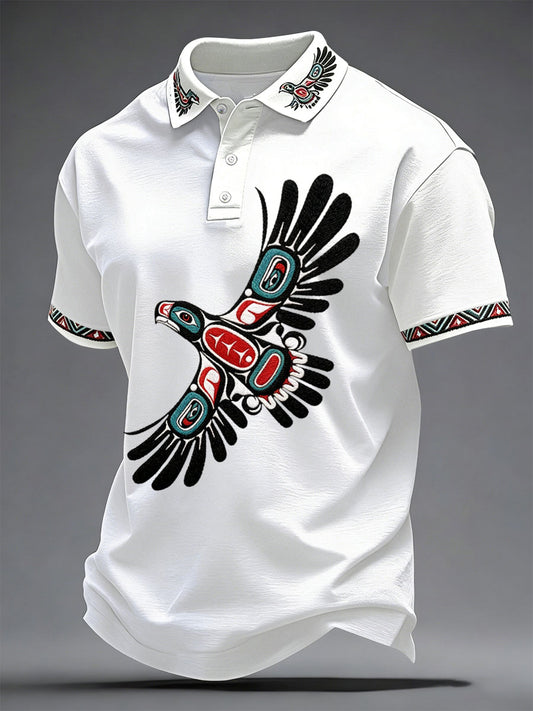 Men's Indigenous-Style Casual T-Shirt with Embroidery and Print