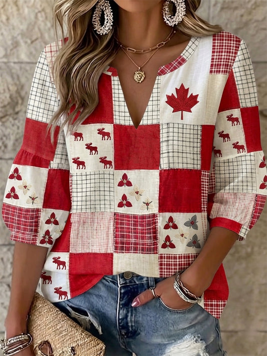 Women's  Maple Leaf Checkered Print Casual V-Neck Shirt