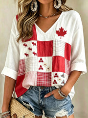 Women's  Maple Leaf Checkered Print Casual V-Neck Shirt